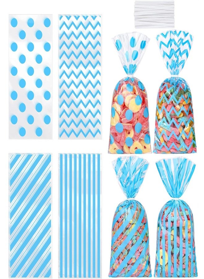 Capesaro 50 Pieces 10.6 x 5.1 In Blue Cellophane Treat Bags Candy Gift Bag with Twist Ties Stripes Polka Dot Printed Pattern Goodie Bag for Birthday Weddings Party Favors - Image 1